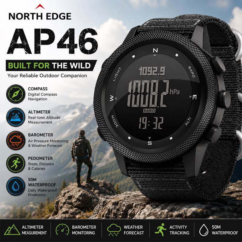 Relógio Esportivo NORTH EDGE Digital com Altímetro, Bússola e Barômetro – 50m Resistente à Água