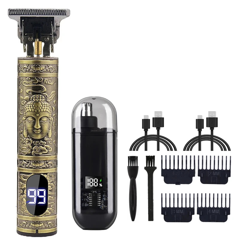 Máquina de Corte de Cabelo Vintage Sem Fio – Recarregável, com Aparador Nasal, Kit Presente