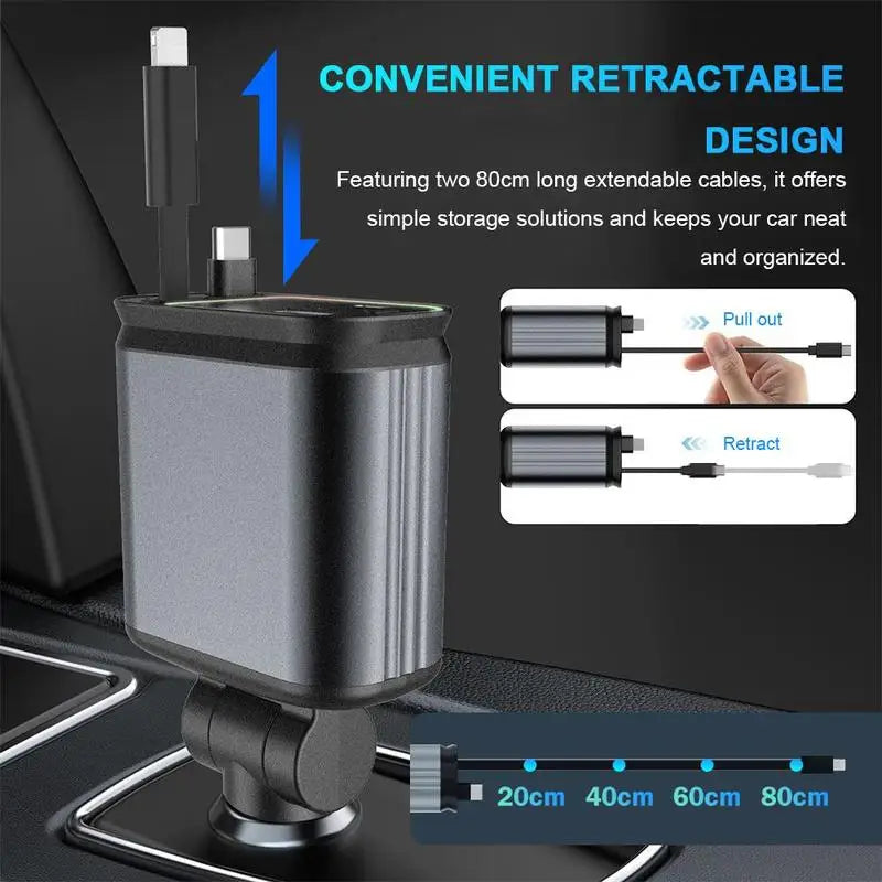 Carregador Veicular 4 em 1 com Holofote Estrelado — Cabo Retrátil e Carga Rápida 100W