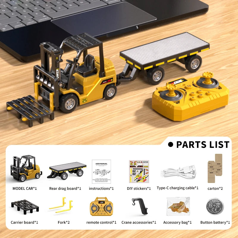 Empilhadeira RC 1:64 2 em 1 com Reboque – Controle Remoto 2.4GHz e APP Bluetooth, Brinquedo Infantil