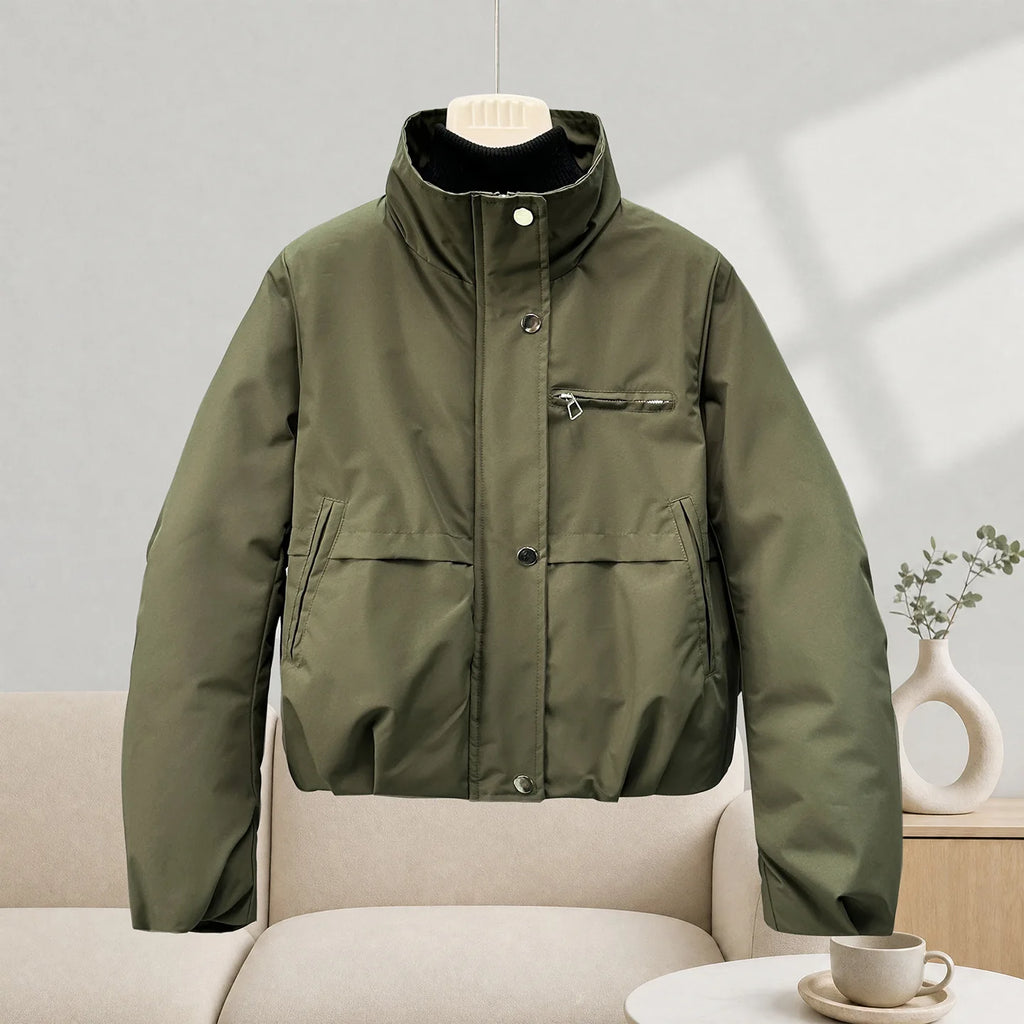 Jaqueta Puffer Feminina Estilo Coreano – Forro de Lã, Acolchoada, Verde Militar
