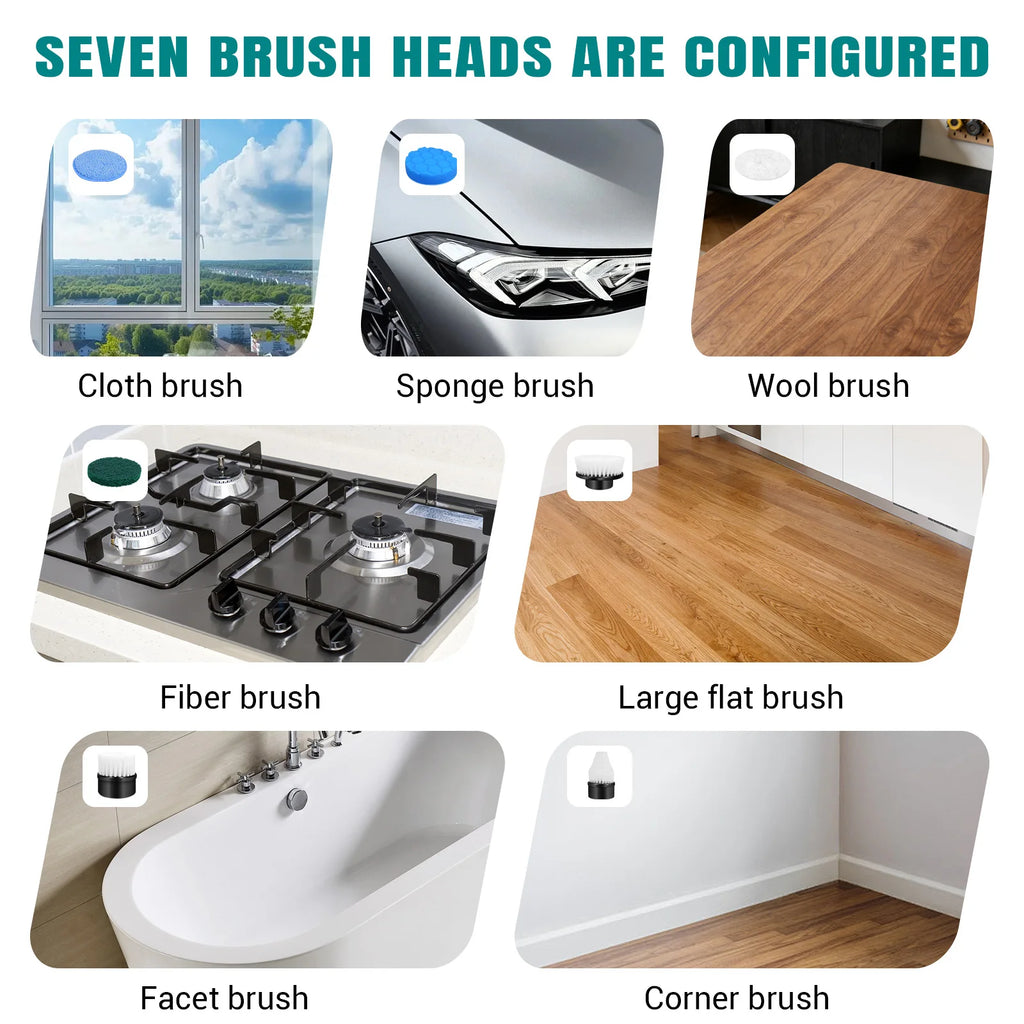 Waterproof Bathroom Cleaning Brush, Shower Scrubber with Long Handle & 2 Speed, Cordless Electric Cleaning Brush with7 Replaceable Brush Heads Black (USB Charging)