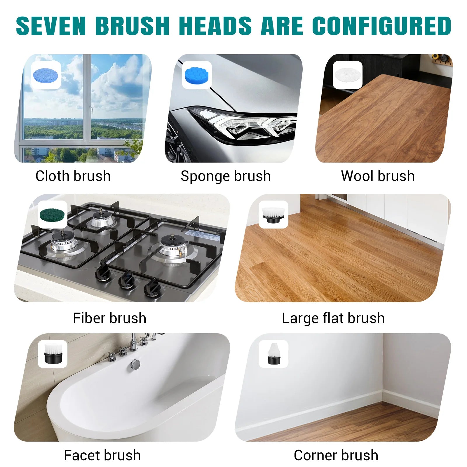 Waterproof Bathroom Cleaning Brush, Shower Scrubber with Long Handle & 2 Speed, Cordless Electric Cleaning Brush with7 Replaceable Brush Heads Black (USB Charging)
