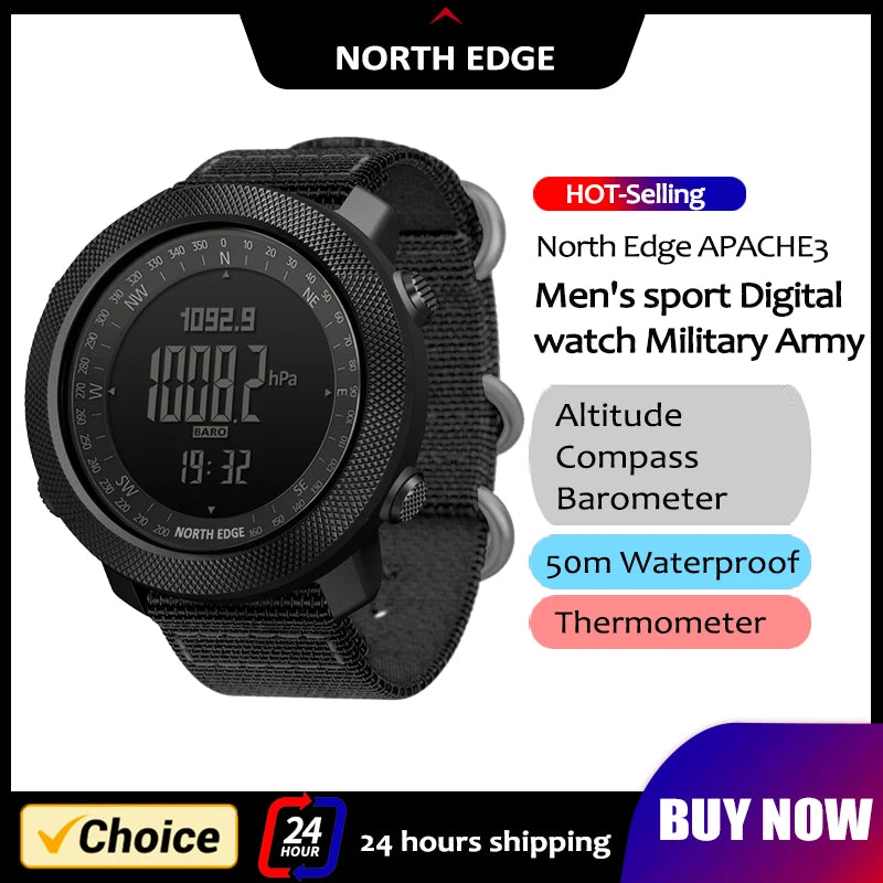 Relógio Esportivo NORTH EDGE Digital com Altímetro, Bússola e Barômetro – 50m Resistente à Água