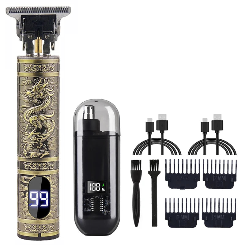 Máquina de Corte de Cabelo Vintage Sem Fio – Recarregável, com Aparador Nasal, Kit Presente