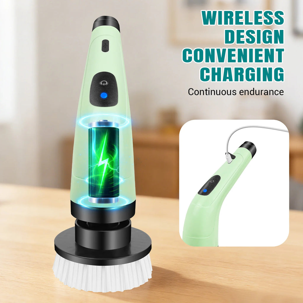 Waterproof Bathroom Cleaning Brush, Shower Scrubber with Long Handle & 2 Speed, Cordless Electric Cleaning Brush with7 Replaceable Brush Heads Black (USB Charging)