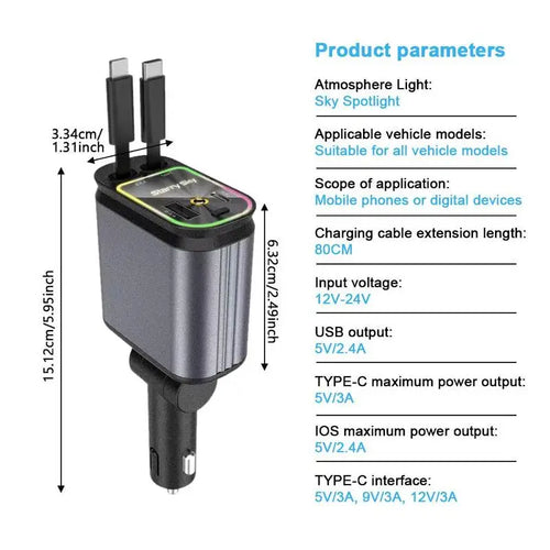 Carregador Veicular 4 em 1 com Holofote Estrelado — Cabo Retrátil e Carga Rápida 100W
