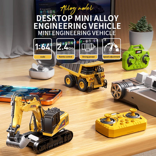 1:64 Alloy Mini Desktop RC Construction Toy, Forklift with Trailer, Excavator, Bulldozer, Crane, Dump Truck, Kids Holiday Gift