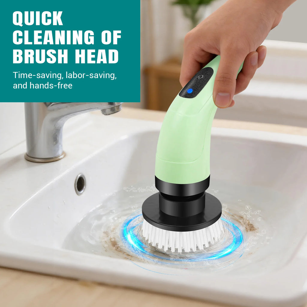 Waterproof Bathroom Cleaning Brush, Shower Scrubber with Long Handle & 2 Speed, Cordless Electric Cleaning Brush with7 Replaceable Brush Heads Black (USB Charging)