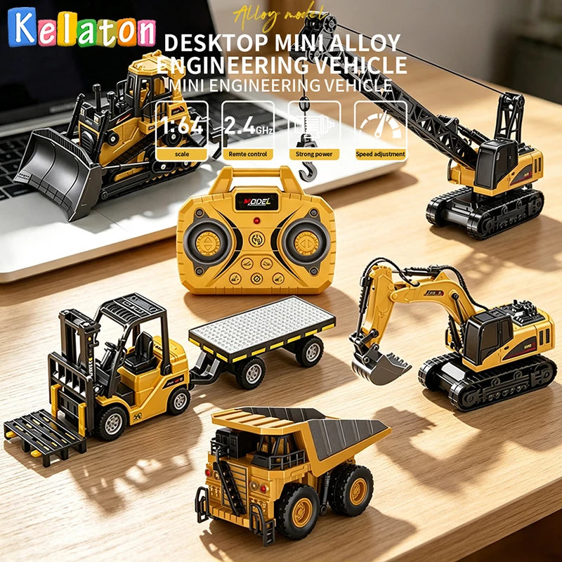 1:64 Alloy Mini Desktop RC Construction Toy, Forklift with Trailer, Excavator, Bulldozer, Crane, Dump Truck, Kids Holiday Gift