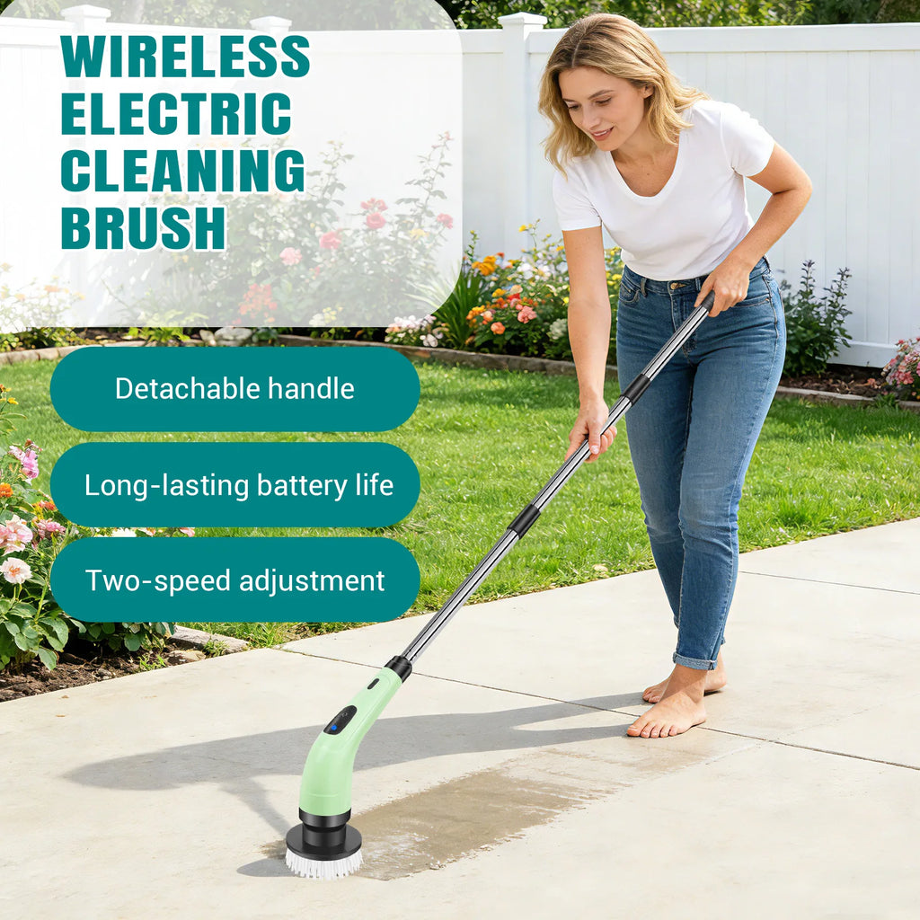 Waterproof Bathroom Cleaning Brush, Shower Scrubber with Long Handle & 2 Speed, Cordless Electric Cleaning Brush with7 Replaceable Brush Heads Black (USB Charging)