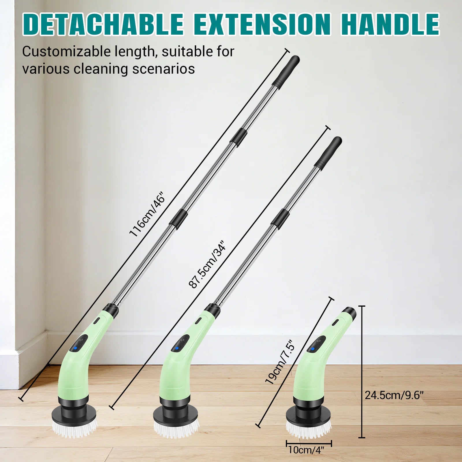 Waterproof Bathroom Cleaning Brush, Shower Scrubber with Long Handle & 2 Speed, Cordless Electric Cleaning Brush with7 Replaceable Brush Heads Black (USB Charging)