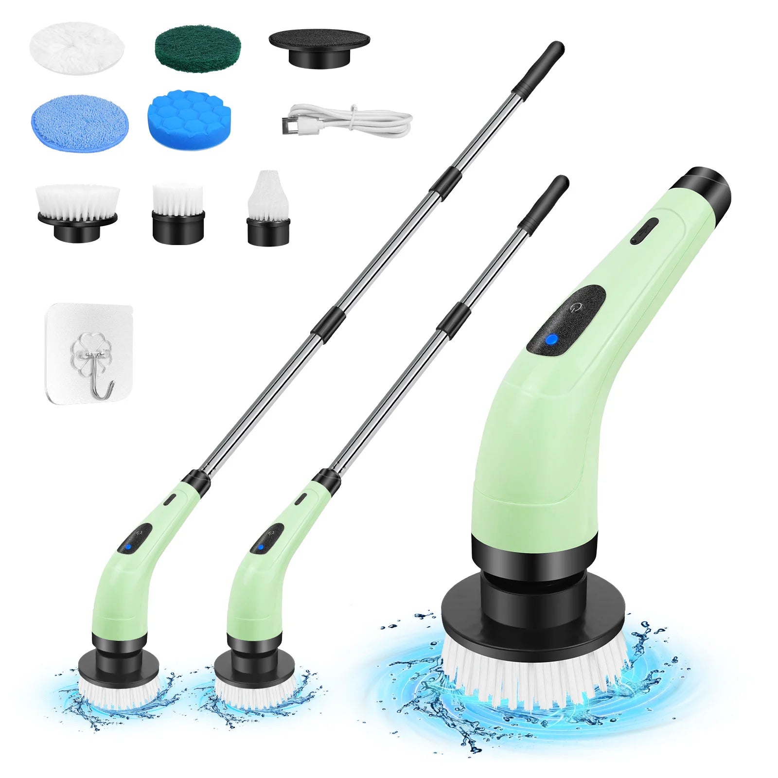 Waterproof Bathroom Cleaning Brush, Shower Scrubber with Long Handle & 2 Speed, Cordless Electric Cleaning Brush with7 Replaceable Brush Heads Black (USB Charging)