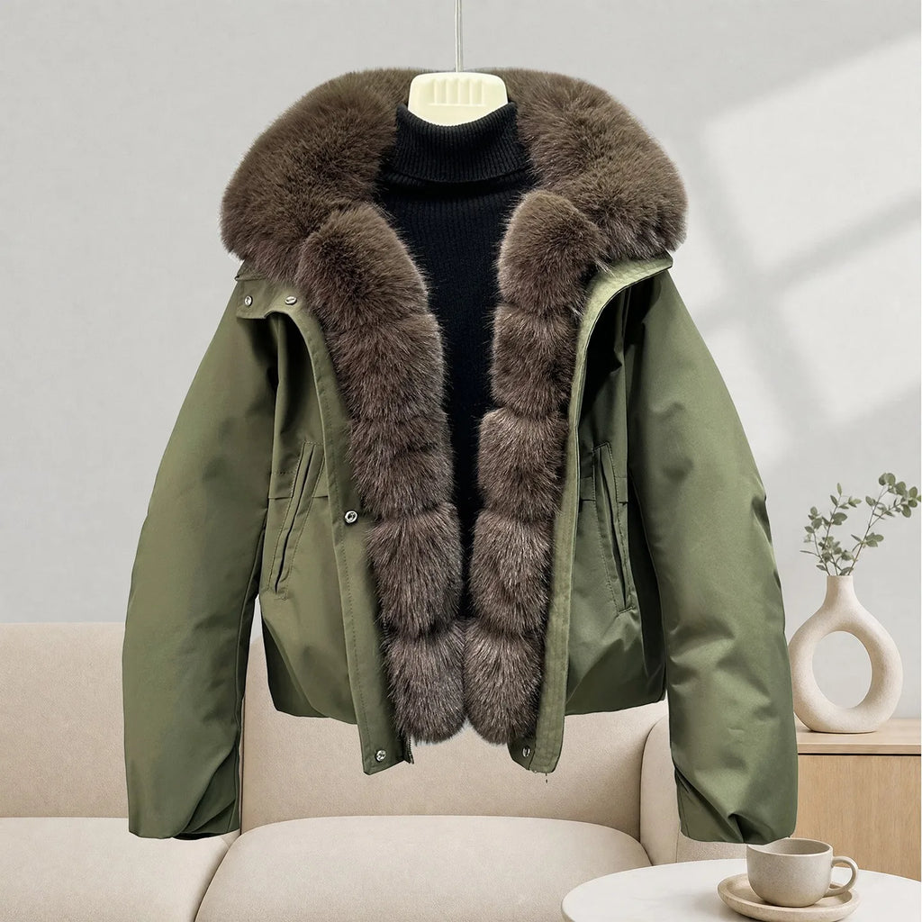Jaqueta Puffer Feminina Estilo Coreano – Forro de Lã, Acolchoada, Verde Militar