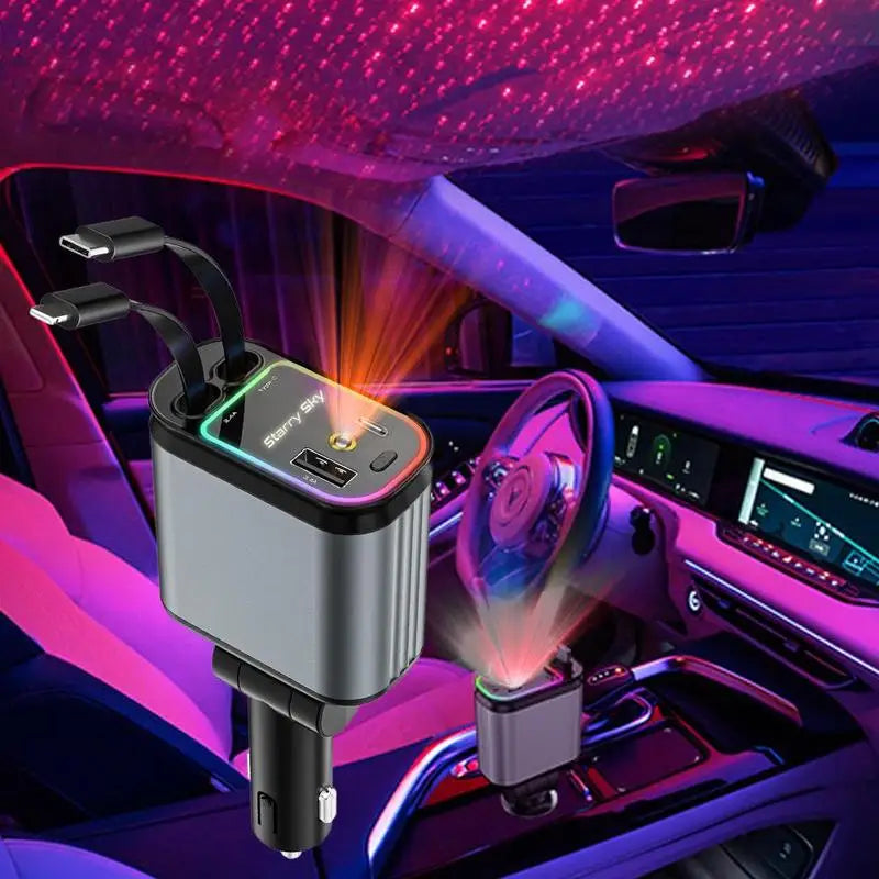 Carregador Veicular 4 em 1 com Holofote Estrelado — Cabo Retrátil e Carga Rápida 100W