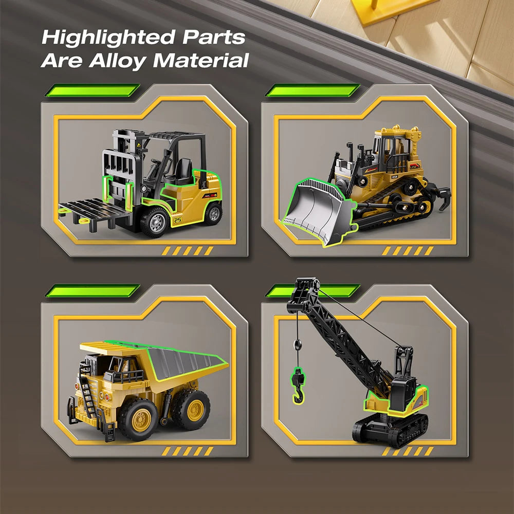1:64 Alloy Mini Desktop RC Construction Toy, Forklift with Trailer, Excavator, Bulldozer, Crane, Dump Truck, Kids Holiday Gift