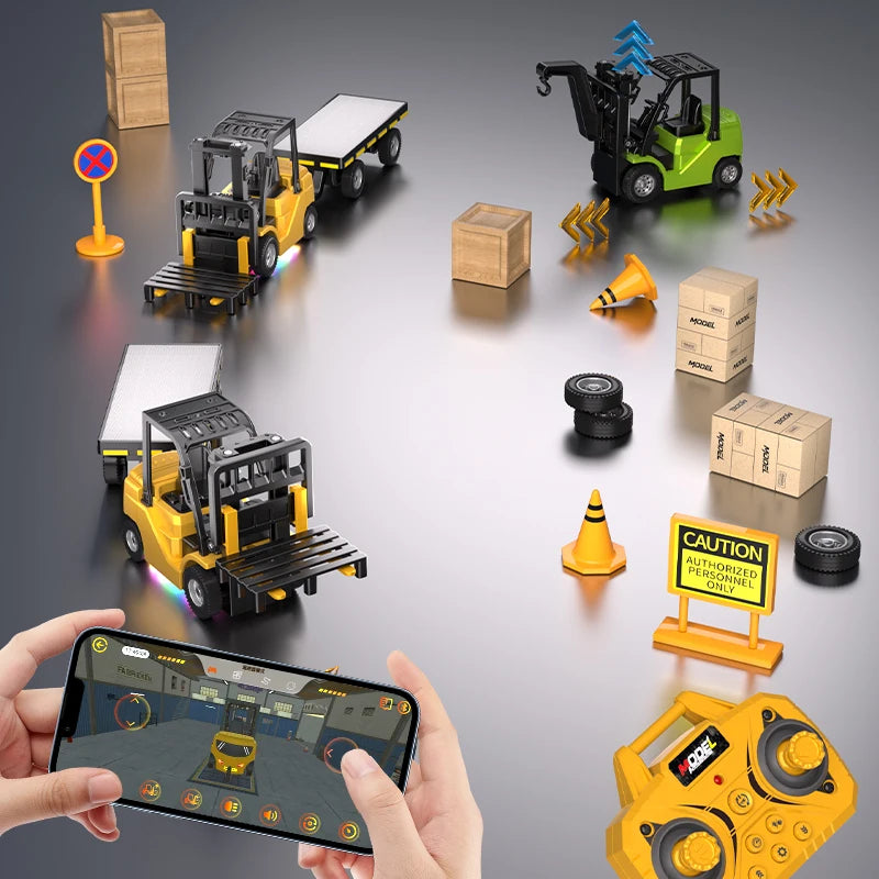 1: 64 Mini Alloy Remote Control Forklift 2-in-1 With Trailer APP Bluetooth Simulation Engineering Model Children Toy Gift