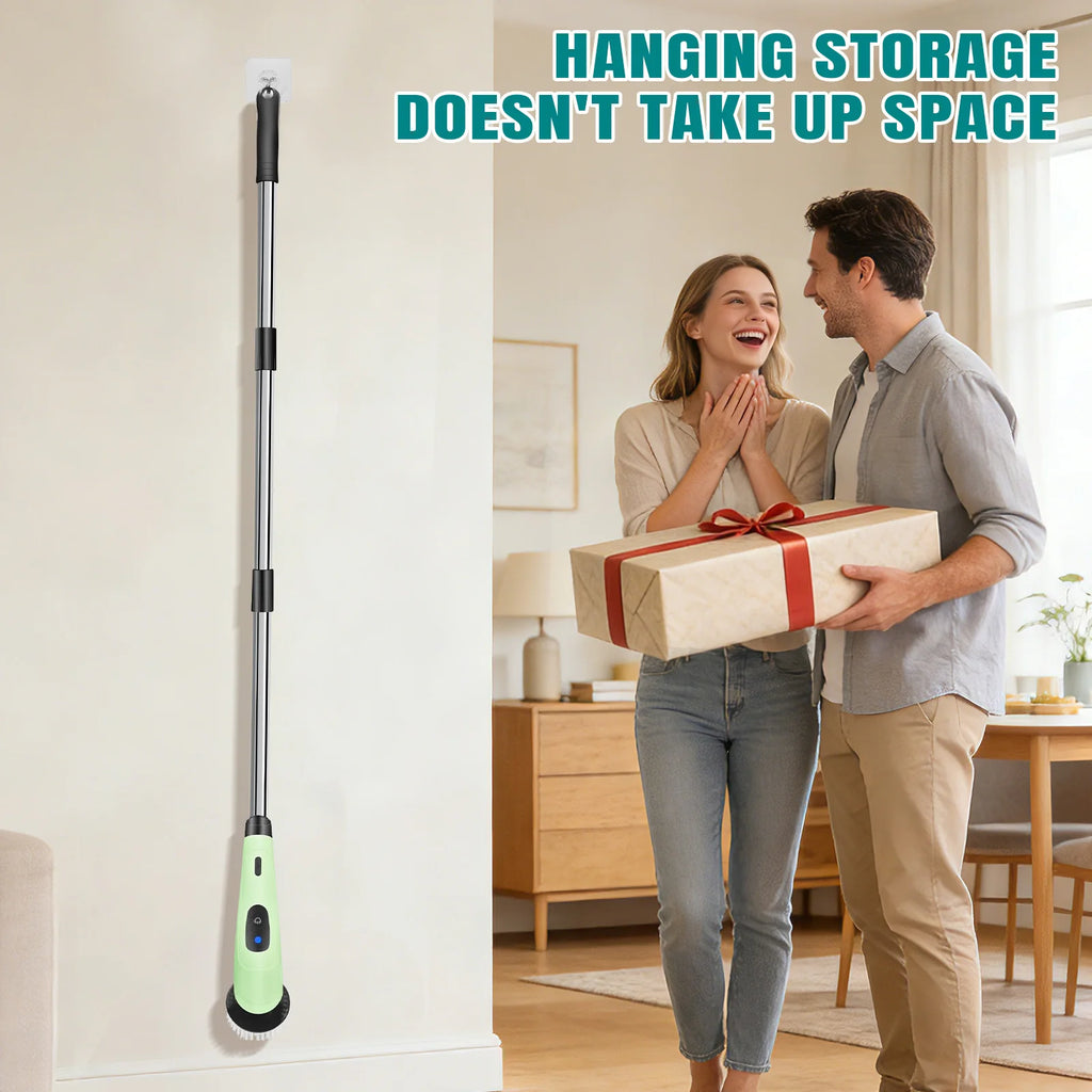 Waterproof Bathroom Cleaning Brush, Shower Scrubber with Long Handle & 2 Speed, Cordless Electric Cleaning Brush with7 Replaceable Brush Heads Black (USB Charging)