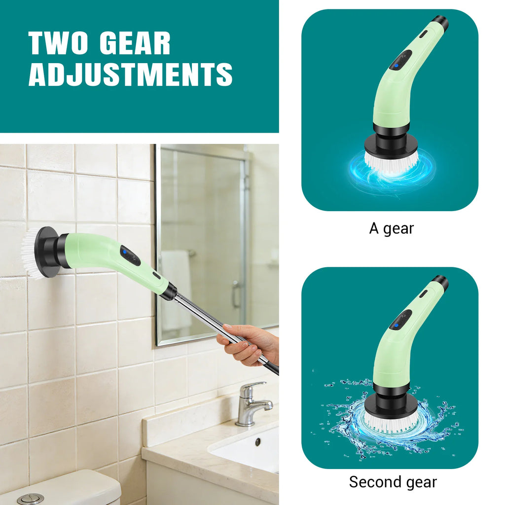 Waterproof Bathroom Cleaning Brush, Shower Scrubber with Long Handle & 2 Speed, Cordless Electric Cleaning Brush with7 Replaceable Brush Heads Black (USB Charging)
