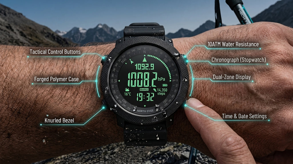 Relógio Esportivo NORTH EDGE Digital com Altímetro, Bússola e Barômetro – 50m Resistente à Água